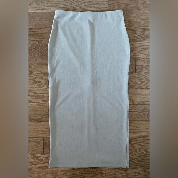 Back Slit Pencil Skirt - Stretch Rib Jersey Knit - Midi - Bodycon - Light Grey - Picture 5 of 13